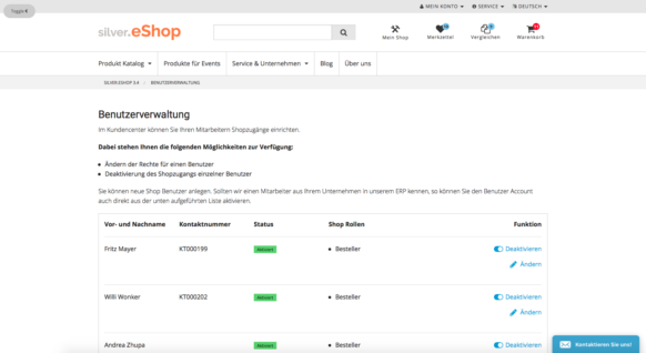 silver.eShop - Nutzerverwaltung im Shop-Account eines Hauptnutzers
