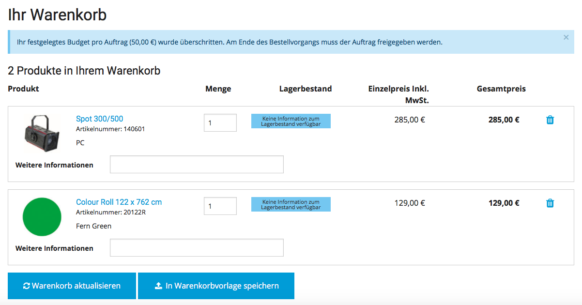 Hinweis zuf Budgetüberschreitung in silver.eShop